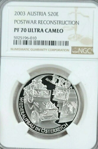 2003年 オーストリア シルバー 20ユーロ 戦後復興 NGC PF 70 ウルトラカメオ ポップ1