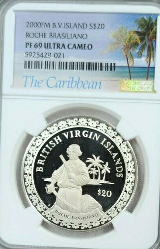 2000 B V アイランド シルバー 20ドル 海賊ロッシュ ブラジリアーノ NGC PF 69 ウルトラカメオ