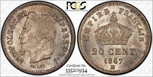 フランス、銀貨 20サンチーム 1867-BB ストラスブール PCGS MS 66 ( BL ) 、希少