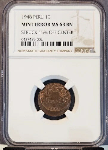 1948年 ペルー 1センタボ NGC MS 63 BN ミントエラー 中央15%オフ 希少