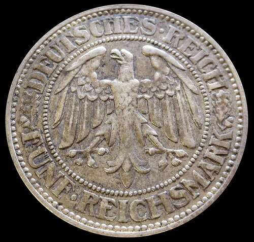 1927年 E シルバー ドイツ 5 ライヒスマルク ワイマール共和国 オークツリーコイン 非常に良い