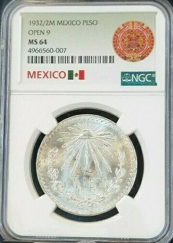 1932/2 メキシコ シルバー 1ペソ オープン 9 NGC MS 64 希少 バラエティ 素晴らしい美しさ