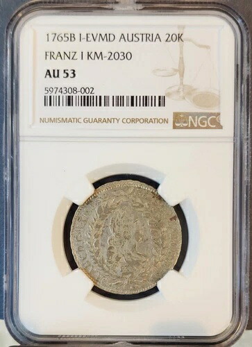 1765 オーストリア シルバー 20 クロイツァー 20K フランツ I KM-2030 NGC AU 53 トップ ポップ