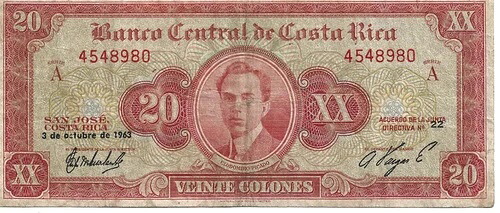 1963年 コスタリカ 20 コロン セリエA 、希少、1963年10月3日発行
