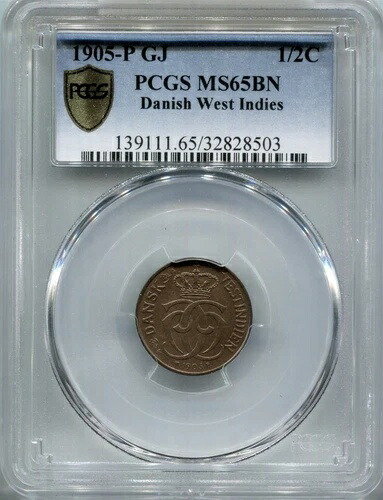 デンマーク領西インド諸島 - 1905年 1/2セント、PCGS MS65 BN L3