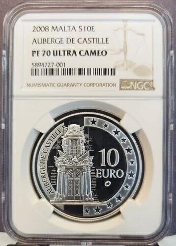 2008 マルタ シルバー 10 ユーロ S10E オーベルジュ ドゥ カスティーユ NGC PF 70 ウルトラ カメオ レア