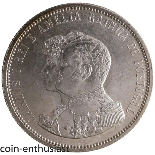 1898年 ポルトガル 銀貨 1000レイス チャールズ国王とアメリア インド ディスカバリー パーフェクト