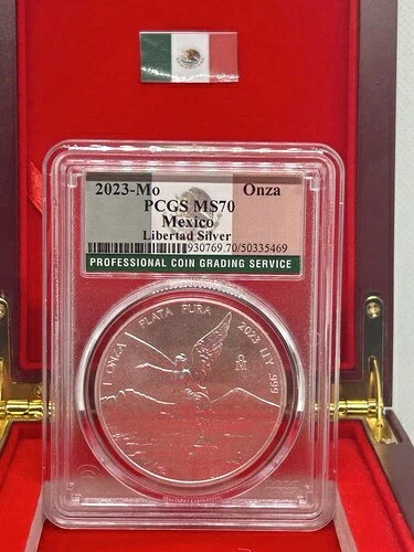 2023-MO Pcgs MS70 メキシコ ???? リベルタッド 1オンス シルバー。木箱入り