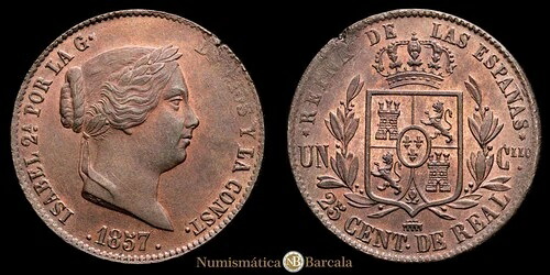 イザベル II 25 センティモス デ レアル (9,41g) 1857 セゴビア CAL-190 UNC