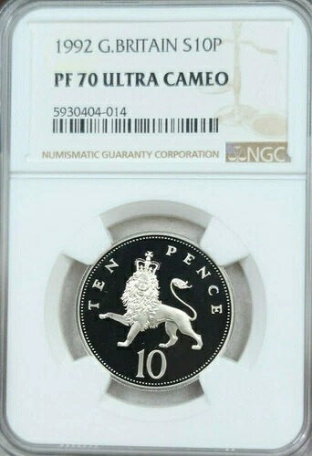 1992年 イギリス 銀貨 10ペンス 戴冠ライオン NGC PF 70 ウルトラカメオ パーフェクション