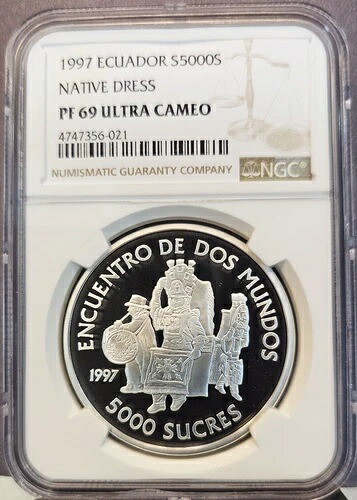 1997年 エクアドル シルバー 5000 スクレ 民族衣装 NGC PF 69 ウルトラカメオ レアコイン