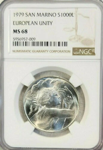 1978年 サンマリノ シルバー 1000リラ ヨーロピアン・ユニティ NGC MS 68 PQ レア トップポップ 1
