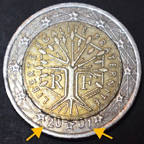 2ユーロ硬貨 フランス 2001年 造幣局エラー 59,400円