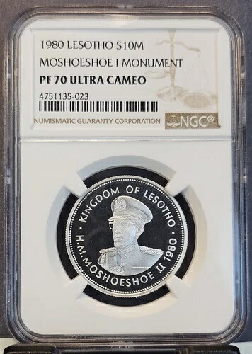 1980年 レソト シルバー 10 マロティ・モショエショエ1世 モニュメント NGC PF 70 ウルトラカメオ ポップ1