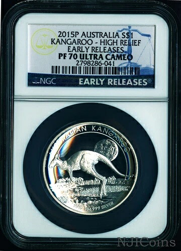 2015年 P オーストラリア ハイリリーフ 1オンス シルバー カンガルー 1ドルコイン NGC PF70 UC ER OGP付き