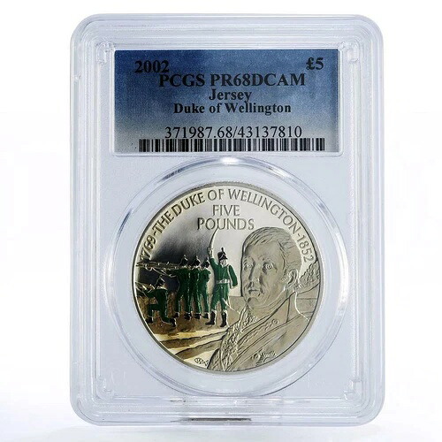 ジャージー管区 5ポンド ウェリントン公爵 PR68 PCGS 銀貨 2002年