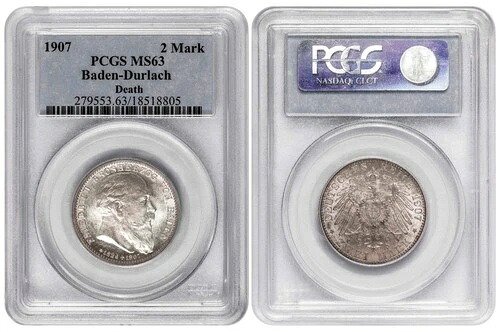 i-650049 ドイツ諸州 バーデン＝デュルラッハ 2 マルク 1907年。PCGS MS 63