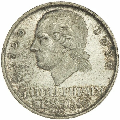 1929 ドイツ シルバー 5 ライヒスマルク G レッシング VZ、エトワス アンゲラウフェン、=SELTEN=|WORLD RESOURCE【QUEEN店】
