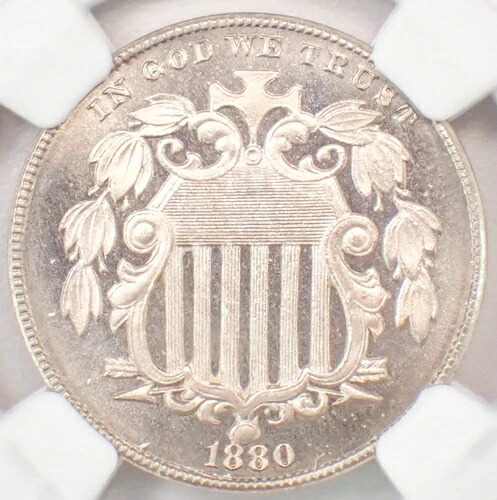 1880年プルーフシールドニッケル5C - NGC PR67+カメオ（PF67プラスグレード） - 4,500ドル相当