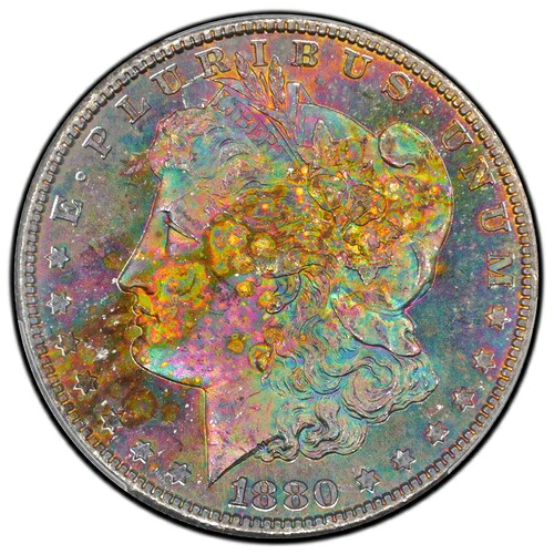1880-S 1ドル モルガン銀貨 PCGS MS65 - 驚異的なレインボートーン