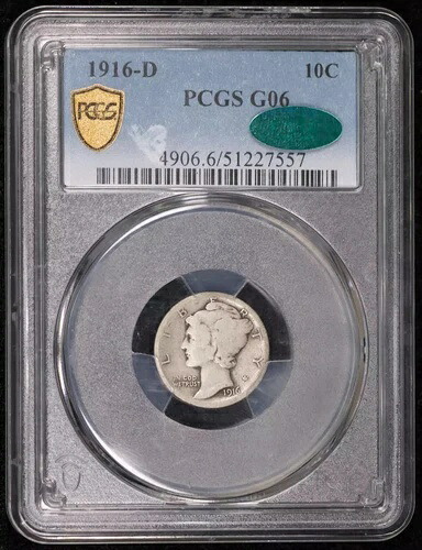 1916年 D ダイム ウィングド リバティ ヘッドまたはマーキュリー PCGS G-6 CAC CAC|WORLD RESOURCE【QUEEN店】