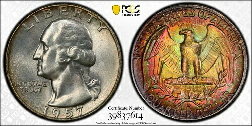 1957年 D ワシントン クォーター 認定 PCGS MS67+ トーン CAC シャープシルバー