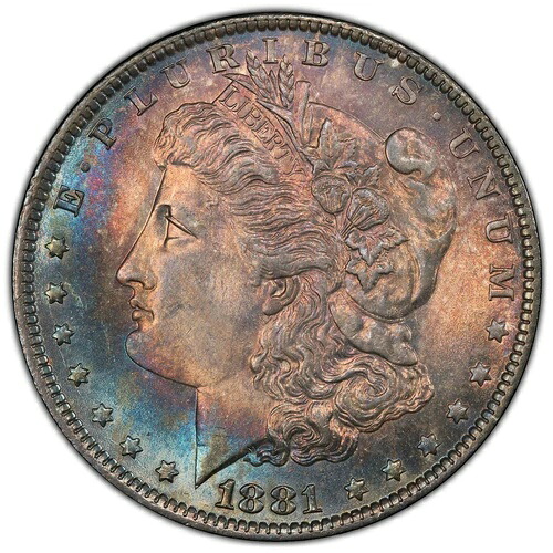 1881-O 1ドル モルガン・ダラー PCGS MS65 -- 見事な明るい青と赤褐色の色調