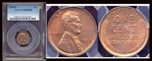 1918-D 1C PCGS MS64RB - レッド＆ブラウン リンカーン セント