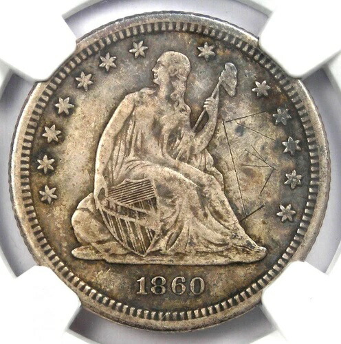 1860-S 着席自由の女神像 25セント - NGC XF 詳細 (EF)。サンフランシスコ日付の希少な作品