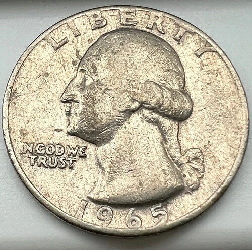 希少な 1965 年ワシントン 25 ドル硬貨 (ミントマークなし)。