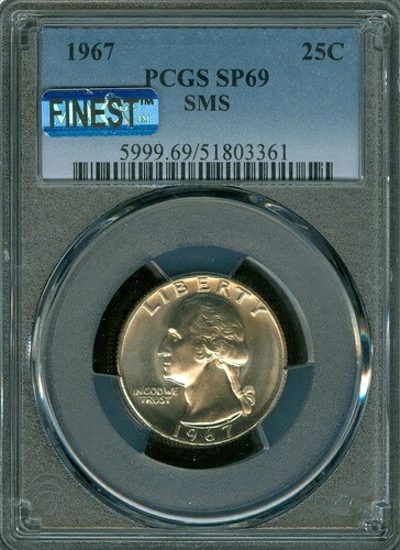 1967年ワシントンクォーター、PCGS SP69 MAC 最高品質、汚れなし、非常に希少、POP 3。
