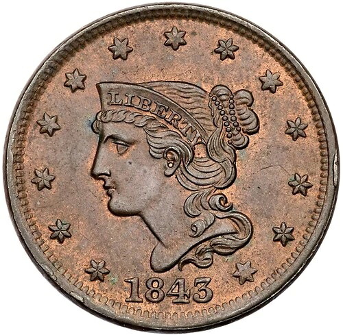 1843 N-9 R-2+ PCGS MS 64 BN プチヘッド スモール レット 編み込みヘア ラージ セント コイン 1セント
