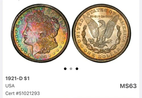 1921-D モルガン銀貨 1ドル PCGS MS63 - 見事な虹色の鮮やかな色合い！グリーン