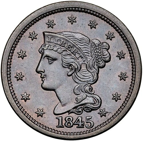 1845 N-1 R-4 PCGS MS 62 BN 編み込みヘア ラージセントコイン 1セント