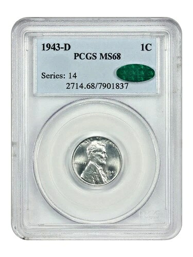 1943-D 1C PCGS/CAC MS68 - リンカーン・セント（裏面小麦色） - WW2 スチール・セント 641,080円