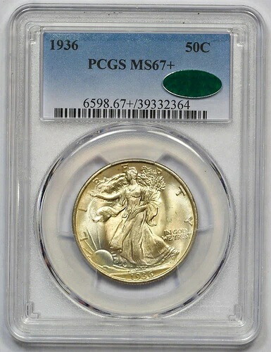 1936年 PCGS MS-67+CAC ウォーキング・リバティ・ハーフ！打刻良好、金色に輝く極上逸品！ローポップ