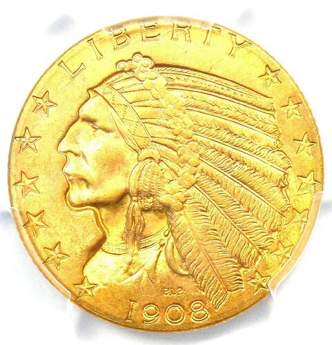 1908年製インディアンゴールドハーフイーグル5ドルコイン - PCGS MS64+プラスグレード - 5,000ドル相当