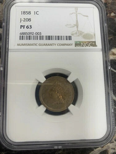 1858年 1C インディアンセント ～パターン J-208 P-259 ～ NGC PF 63 ～ 5 リーフローレルデザイン-