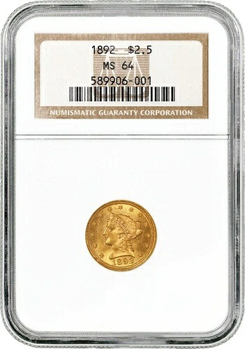 1892年 2.50ドル リバティヘッドクォーターイーグルゴールド NGC MS64 ブリリアント未流通コイン