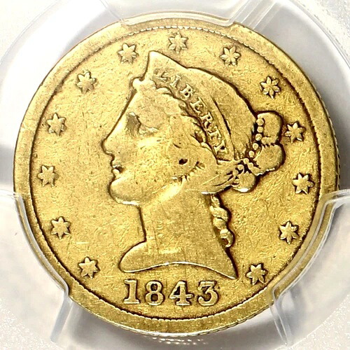 1843-D $5 リバティ ハーフイーグル PCGS VG-10 スモール「D」バラエティ - 希少なダロネガ ゴールド! 677,160円
