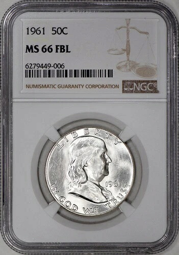 1961 (P) フランクリン ハーフ ドル 50 セント NGC MS66 FBL - 100% ホワイト! 678,040円