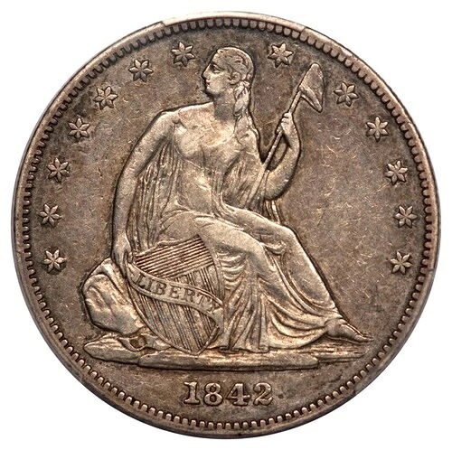 1842年-O 50C ちょっと日付 Rev 1839 自由の女神座像ハーフドル PCGS VF35-