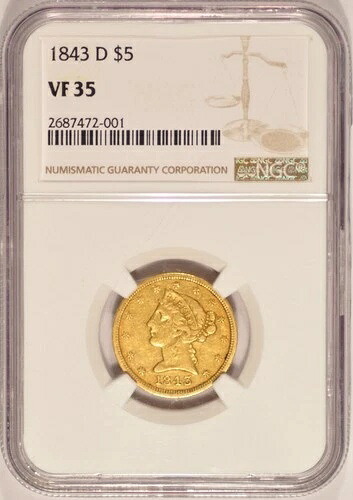 1843-D 5ドル リバティゴールド ハーフイーグル NGC VF-35 ダロネガミント 33年以前ゴールド｜WORLD RESOURCE【QUEEN店】