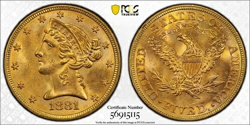 1881年 5ドル リバティヘッド ハーフイーグル PCGS MS65 (CAC)｜WORLD RESOURCE【QUEEN店】
