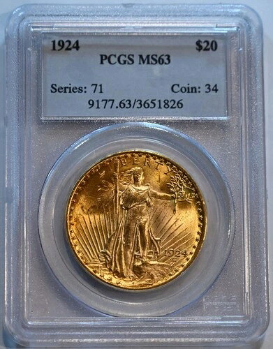 1924 年セントゴーデンス 20 ドル金貨、PCGS グレード MS63 金貨 - 送料無料!!!