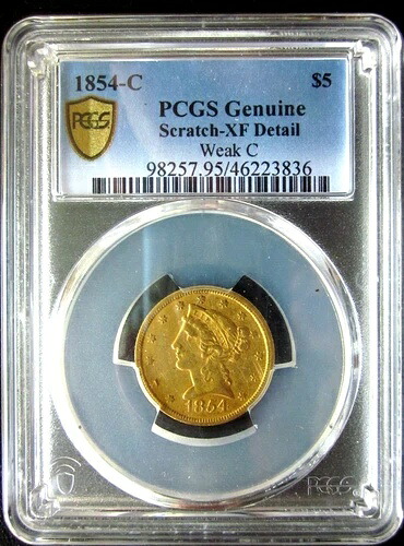 1854-C リバティヘッド ハーフイーグル 5ドル金貨 シャーロットミント PCGS XF WEAK C