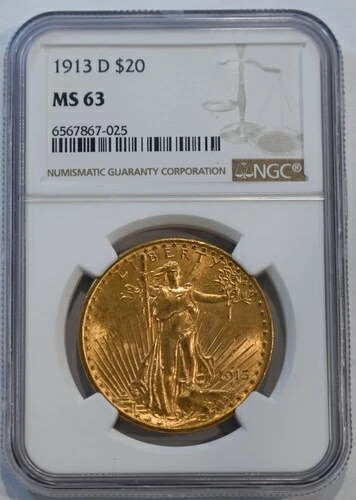 1913 D $20 セントゴーデンズ ダブルイーグル NGC MS63 金貨鑑定済み!!!