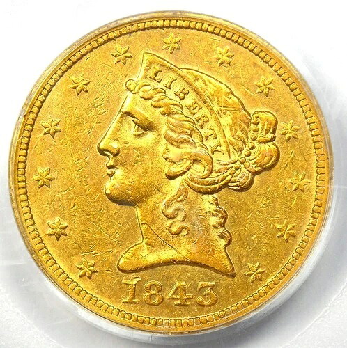 1843-O リバティゴールドハーフイーグル5ドルラージレターコイン - PCGS AU53 - 価値5,250ドル|WORLD RESOURCE【QUEEN店】