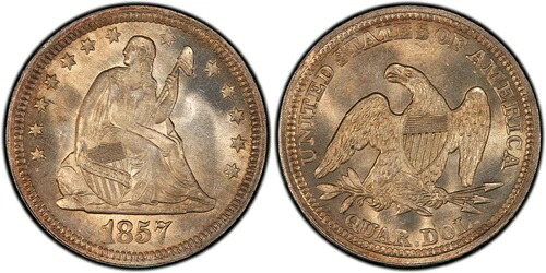 1857年 自由の女神像 25セント硬貨 - PCGS MS66 CAC｜WORLD RESOURCE【QUEEN店】