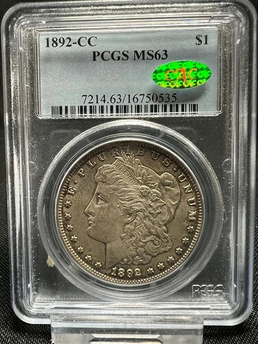 1892-CC 1ドル モルガン銀貨 PCGS MS63 CAC フロスティデバイス（周辺部トーニング付き）｜WORLD RESOURCE【QUEEN店】